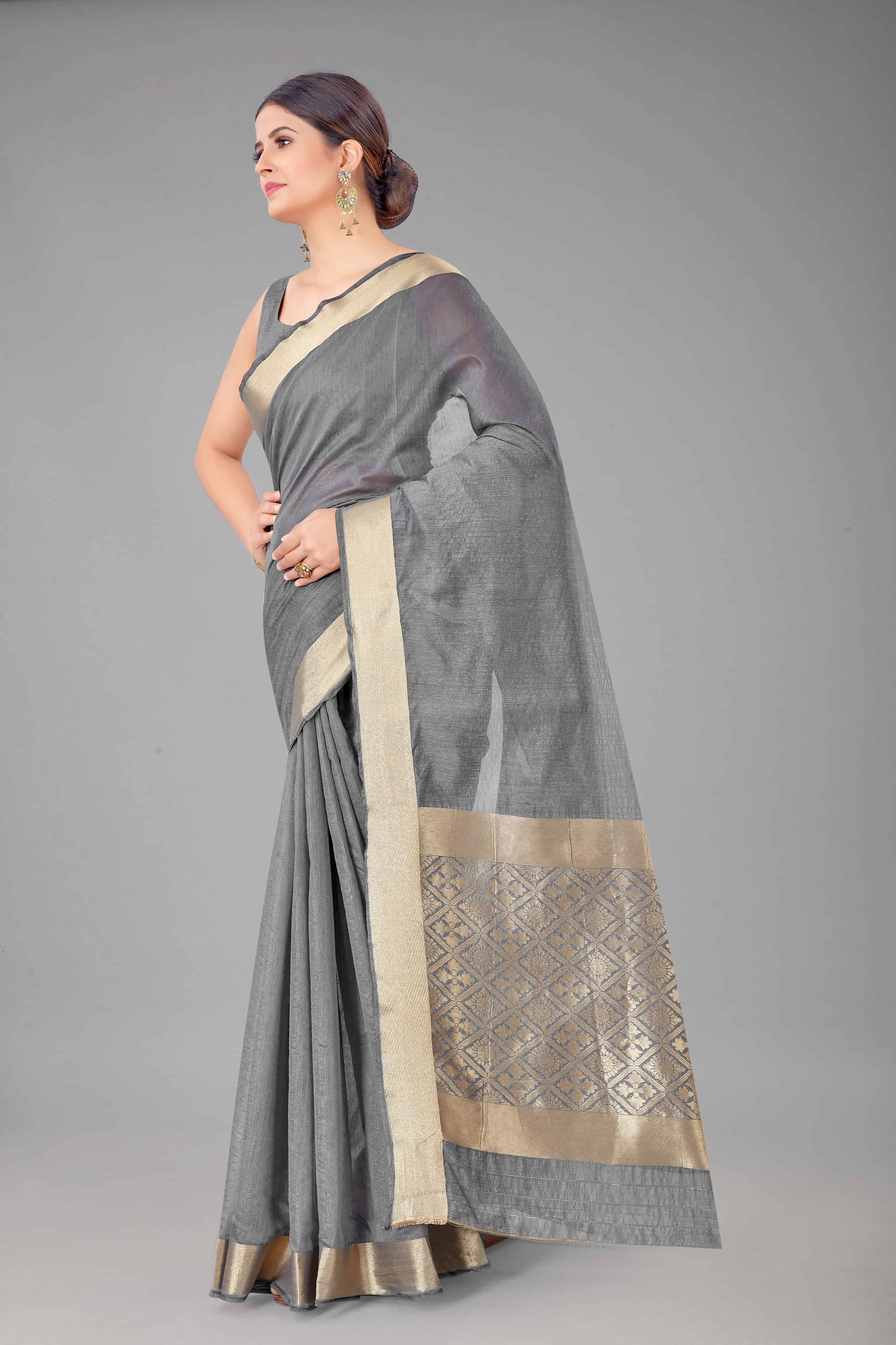 Women's Pure Cotton Golden Zari Touch Woven Grey Saree - Silk Zone