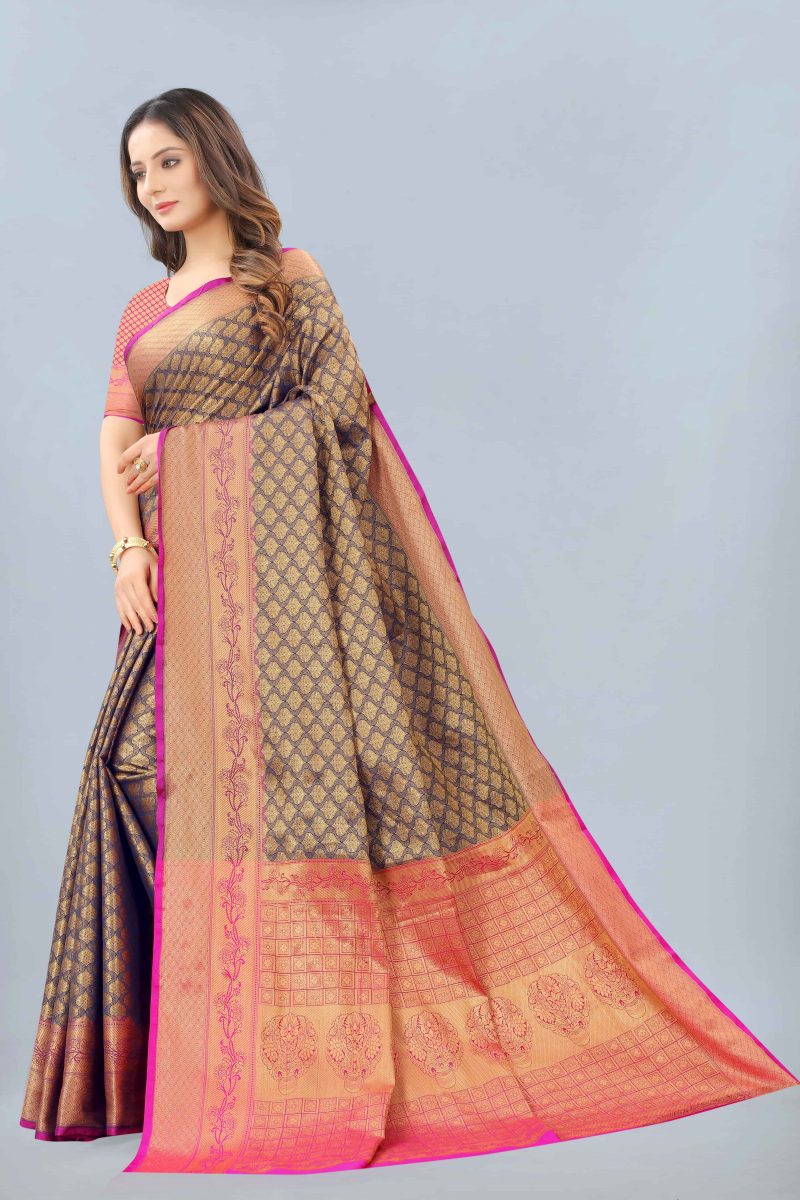 Women's Kanjeewaram Silk Woven Navy Blue Saree - Image 3